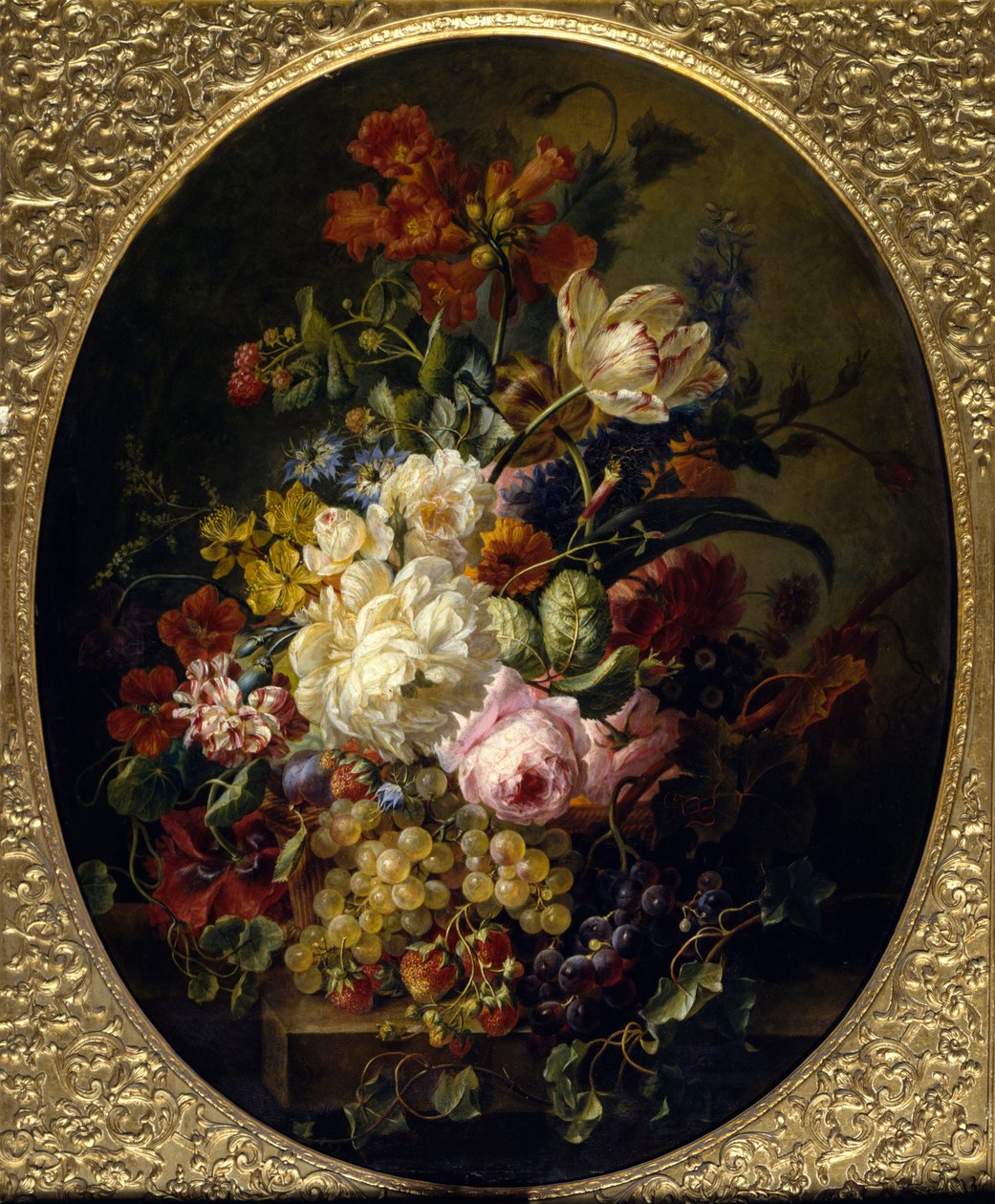 Blomster og frukt. Maleri av Moise Jacobber (1786-1863) Ec. Hol. av Jacob Ber
