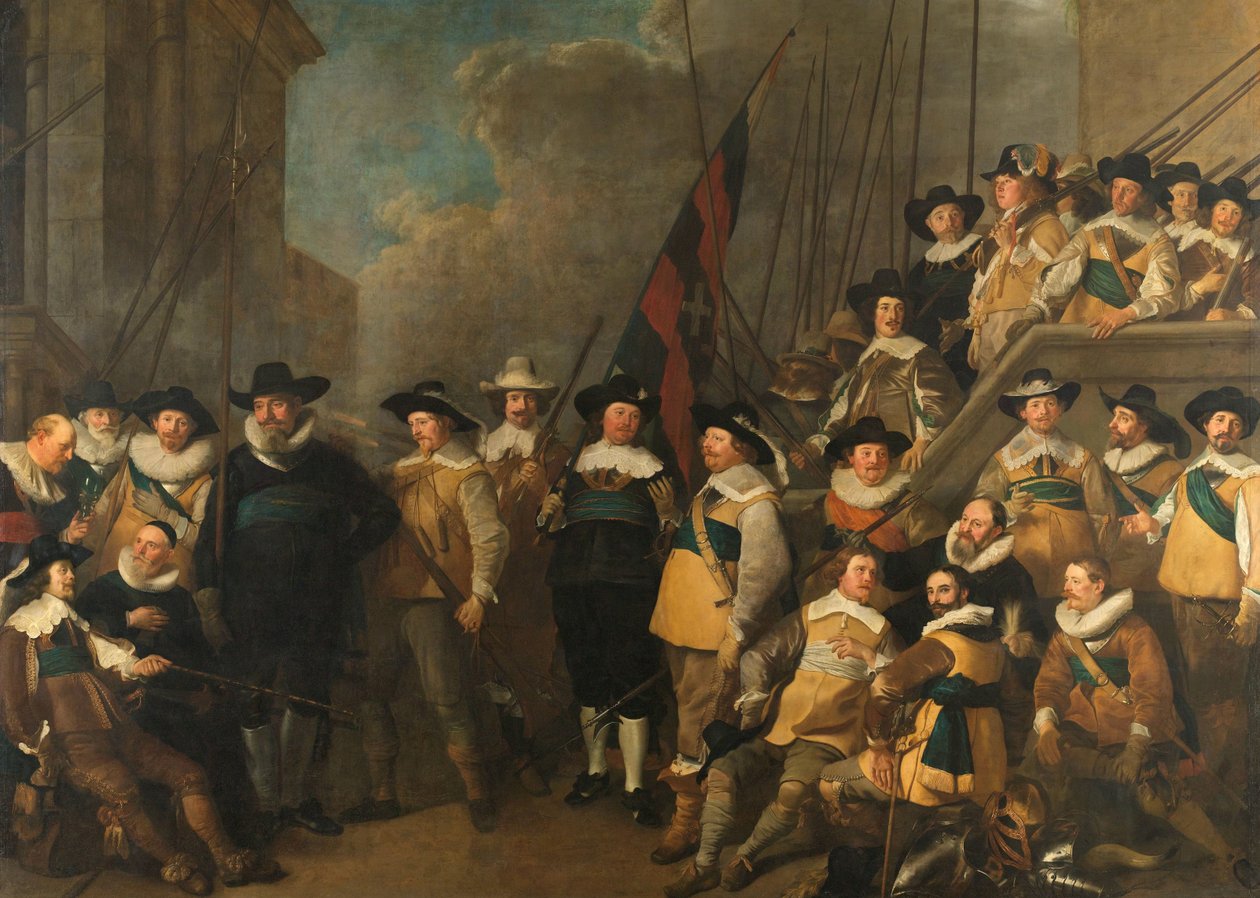 Offiserer og andre borgergardister fra V-distriktet i Amsterdam under kommando av kaptein Cornelis de Graeff og løytnant Hendrick Lauwrensz av Jacob Adriaensz. Backer
