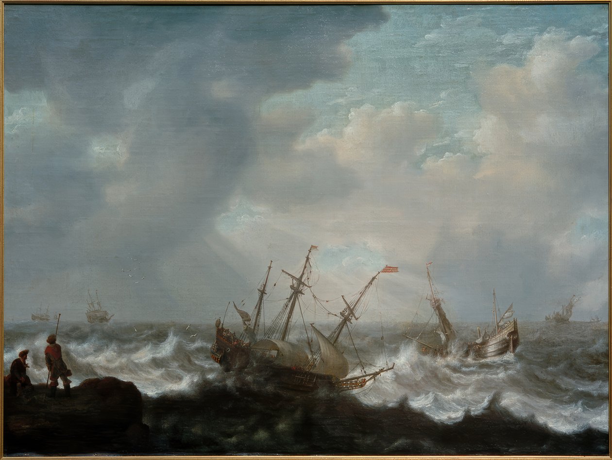 Treskipsførere og andre skip på stormfull sjø av Jacob Adriaensz Bellevois