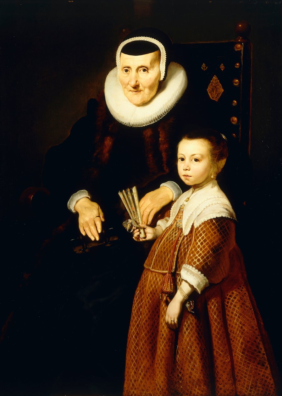 Portrait of a Lady, 80 år med en jente, 6 år, trekvartlengde, ca. 1632-33 av Jacob Adriensz Backer