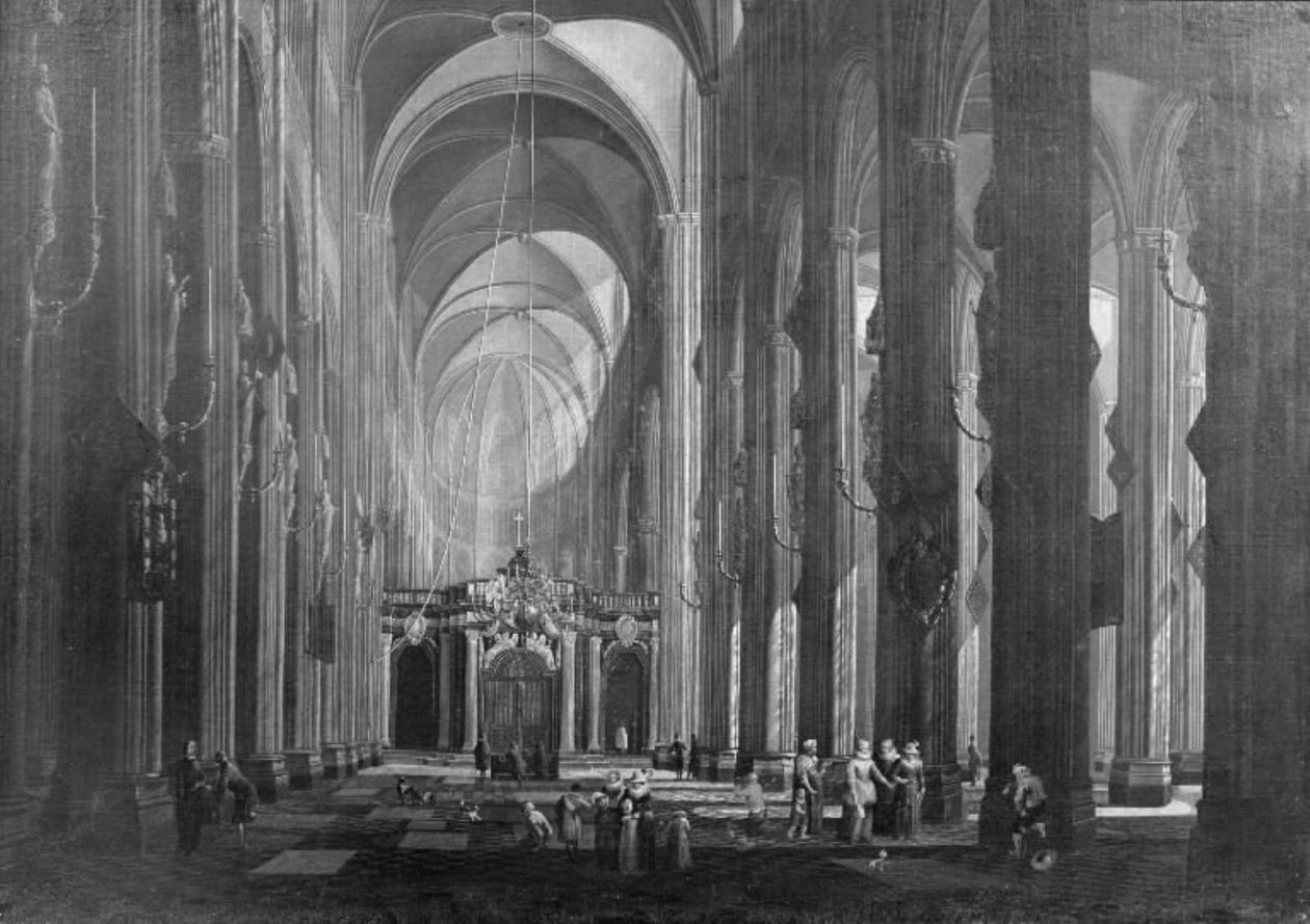 Interiør i en femskipet katolsk kirke av Jacob Balthasar Peeters