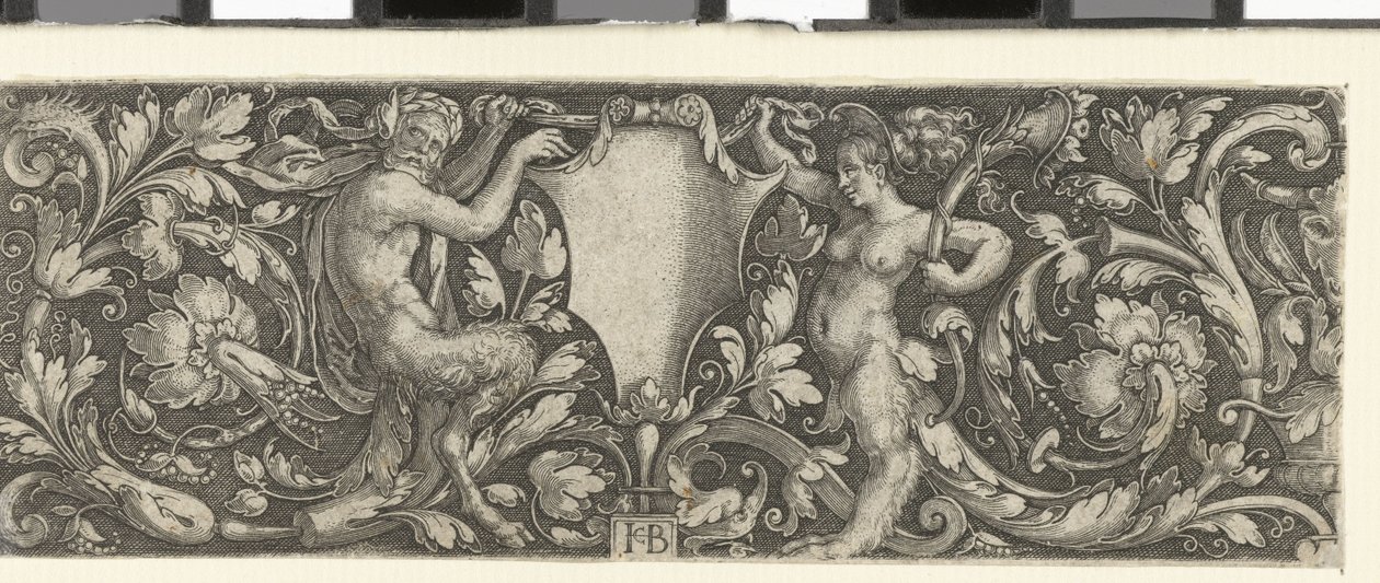 Frise med et skjold båret av en mannlig og en kvinnelig satyr av Jacob Binck (signed by artist)