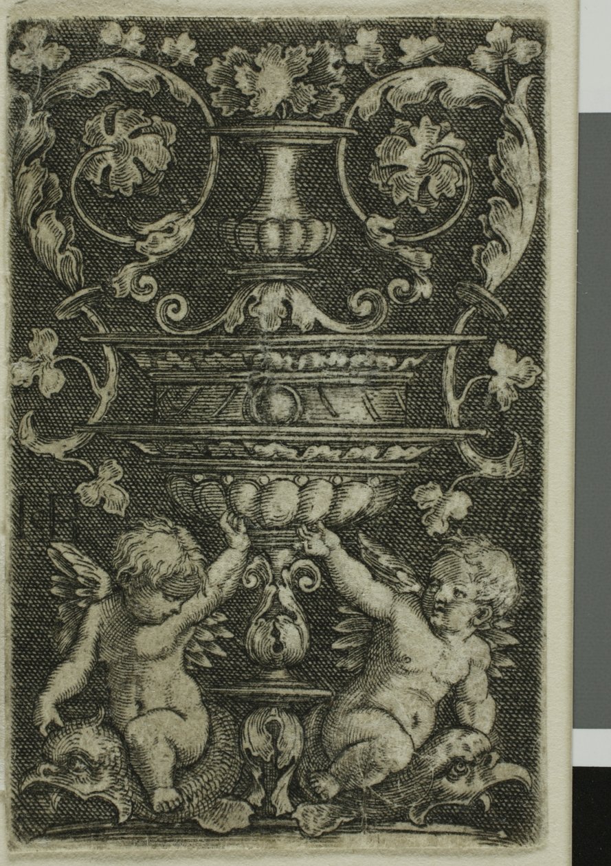 Ornament med vase og to Genii ved foten av Jacob Binck
