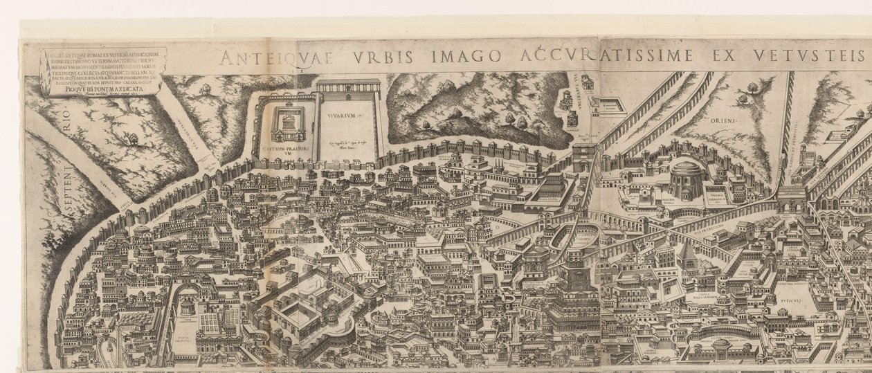 Plattegrond av Rome ti tide van keizer Augustus (bovenste blad) (tittel på objekt) Skulpturer fra det gamle Roma fra spor av ødelagte bygninger (tittel på objekt) av Jacob Bos
