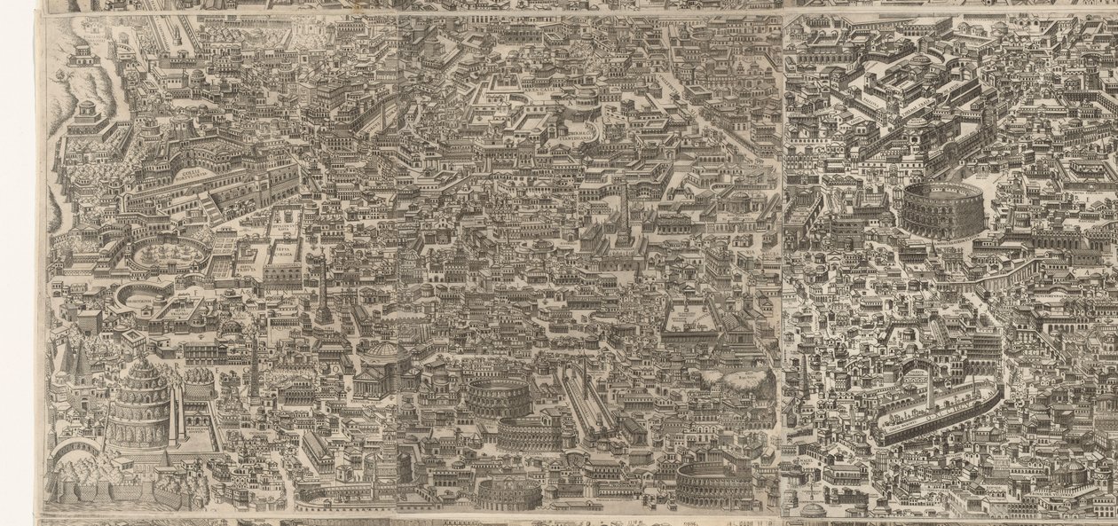 Plattegrond av Rome ti tide van keizer Augustus (midtste blad) Et veldig nøyaktig bilde av den gamle byen dannet fra gamle monumenter Skulpturer fra det gamle Roma fra spor etter ødelagte bygninger av Jacob Bos