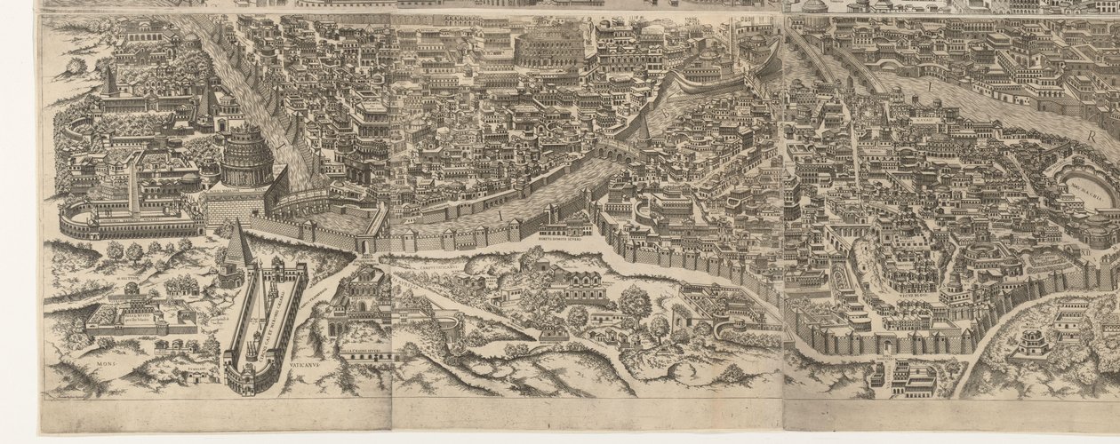 Plattegrond van Roma ten tijde van keizer Augustus (onderste blad) Et bilde av den gamle byen dannet svært nøyaktig fra gamle monumenter Skulpturer fra det gamle Roma fra spor av ødelagte bygninger (...) av Jacob Bos