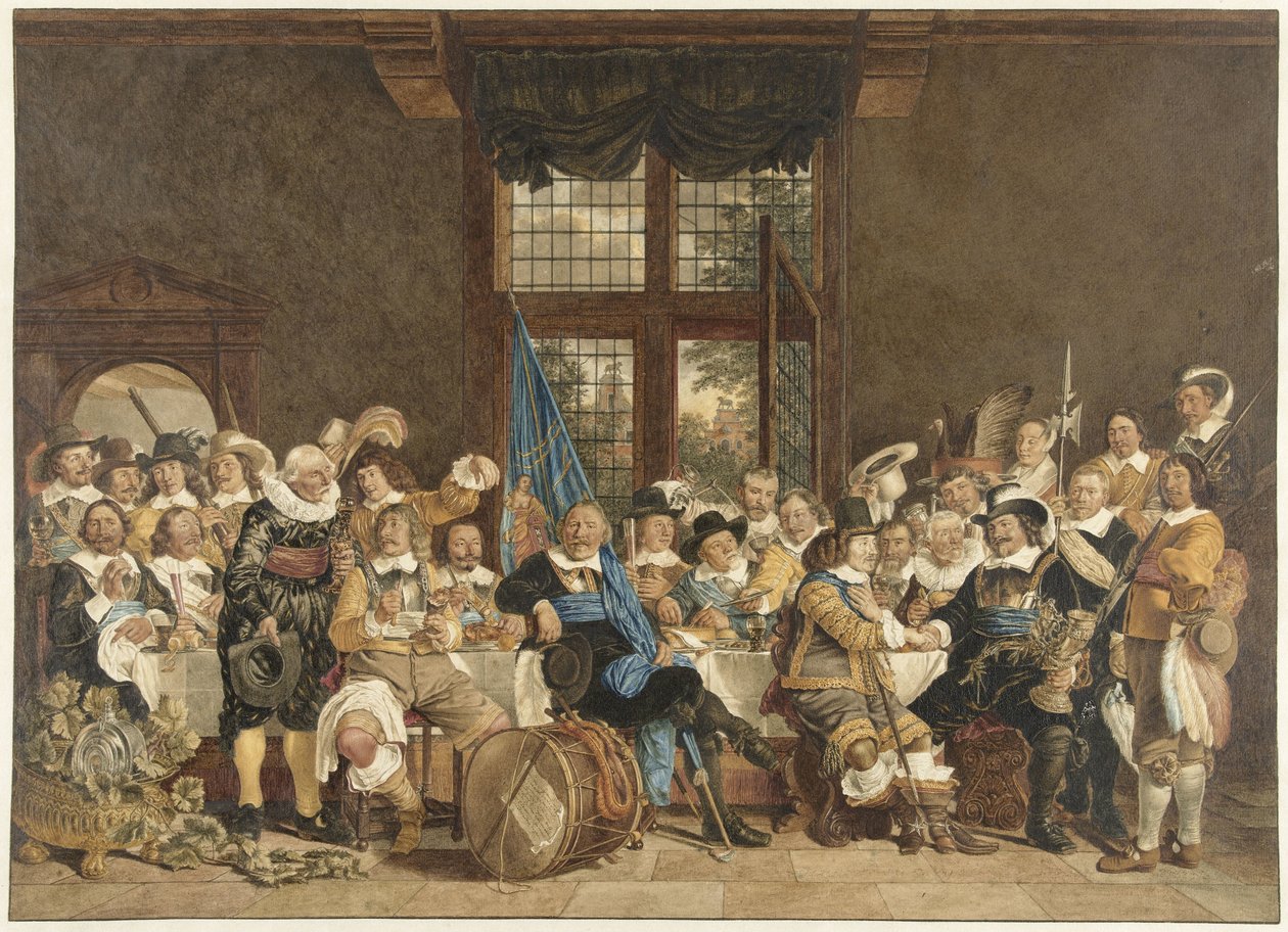 Militsmåltidet i Voetboogdoelen i Amsterdam til feiring av inngåelsen av freden i Munster, 18. juni 1648 av Jacob  Cats