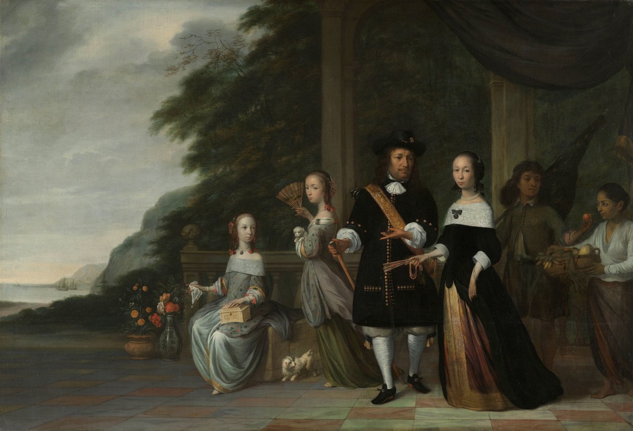 Pieter Cnoll, Cornelia van Nijenrode, deres døtre og to slaver Pieter Cnoll og Cornelia van Nijenrode, deres to døtre Catharina og Hester, den slaverede Surapati og en slavebundet kvinne av Jacob Coeman