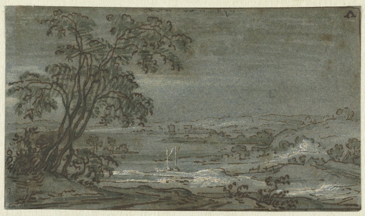 Kupert landskap med elvesving Aen den Rijn (tittel på objekt) av Jacob Colijn
