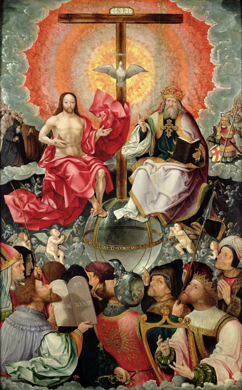 Sentralpanel av Triptych with Adoration of the Trinity, 1523 (se 242037, 242038, 242039) av Jacob Cornelisz van Oostsanen