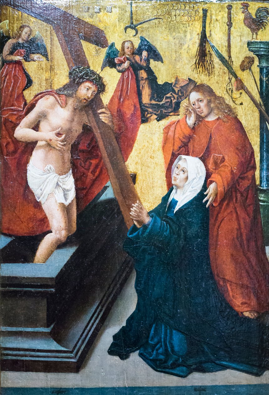 Oppstandne Kristus med symbolet på lidenskapen som viste seg for Madonnaen og den hellige Johannes evangelisten av Jacob Cornelisz van Oostsanen
