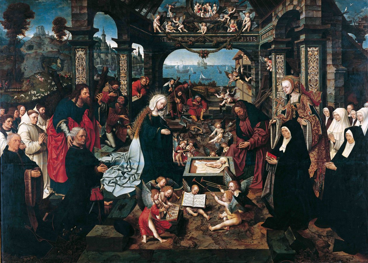 Kristi fødsel av Cornelisz van Oostsanen, Jacob (Jacob Cornelisz van Amsterdam) (ca. 1470-1533). olje på tre av Jacob Cornelisz van Oostsanen