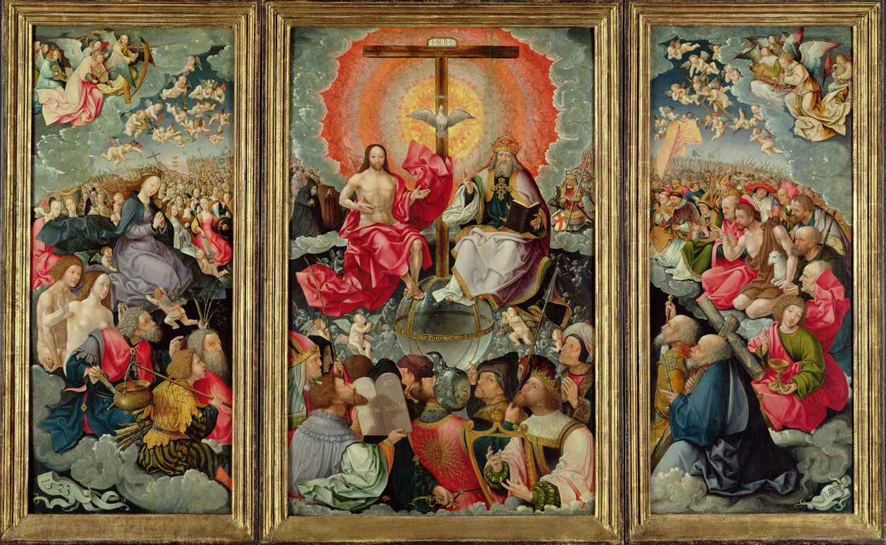 Triptych with Adoration of the Trinity, 1523 (se 242038, 242039, 242040) av Jacob Cornelisz van Oostsanen