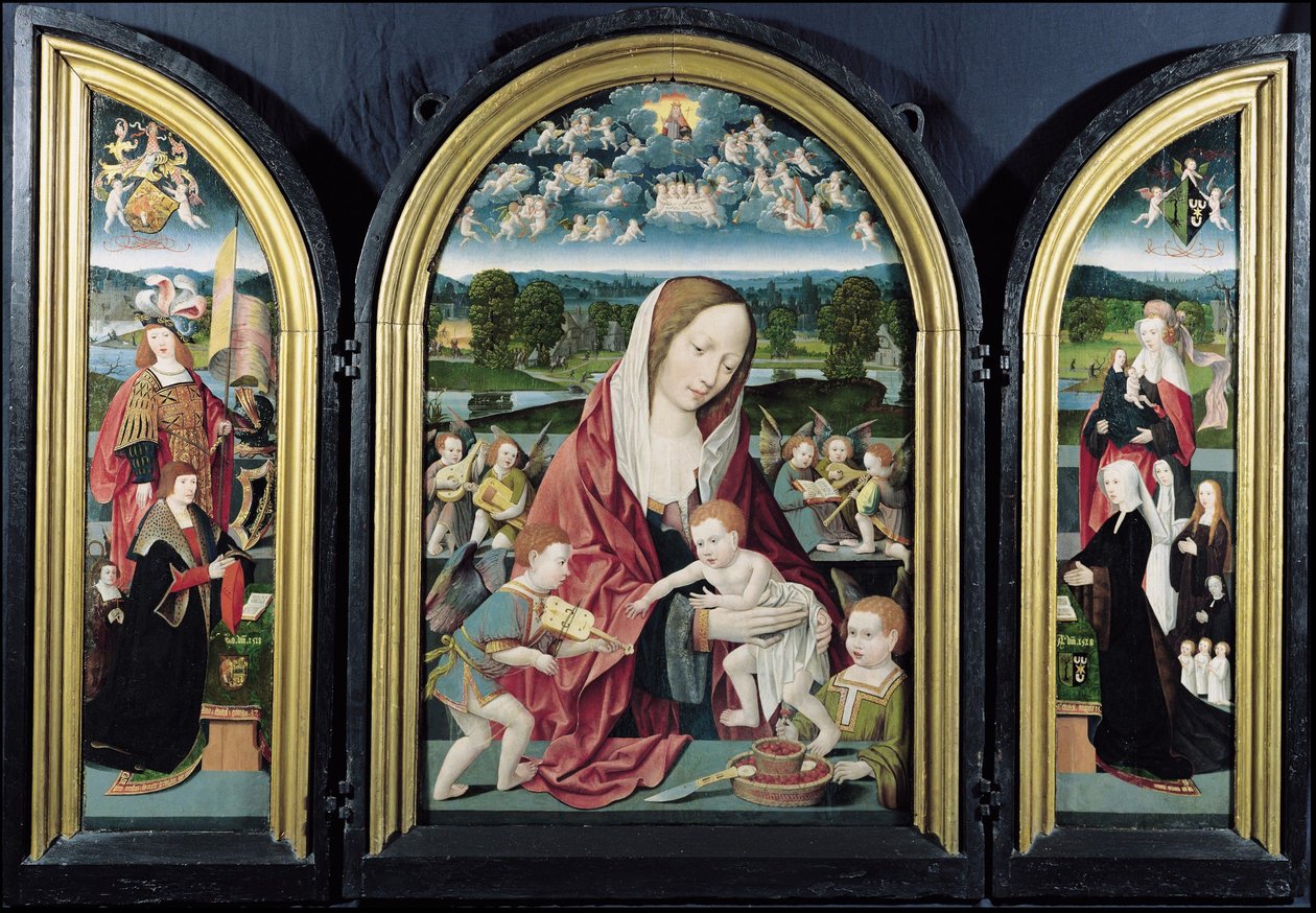 Jomfru og barn med musikkskapende engler og Sampsons-Coolen-familien, Triptych, 1500-1525 av Jacob Cornelisz van Oostsanen