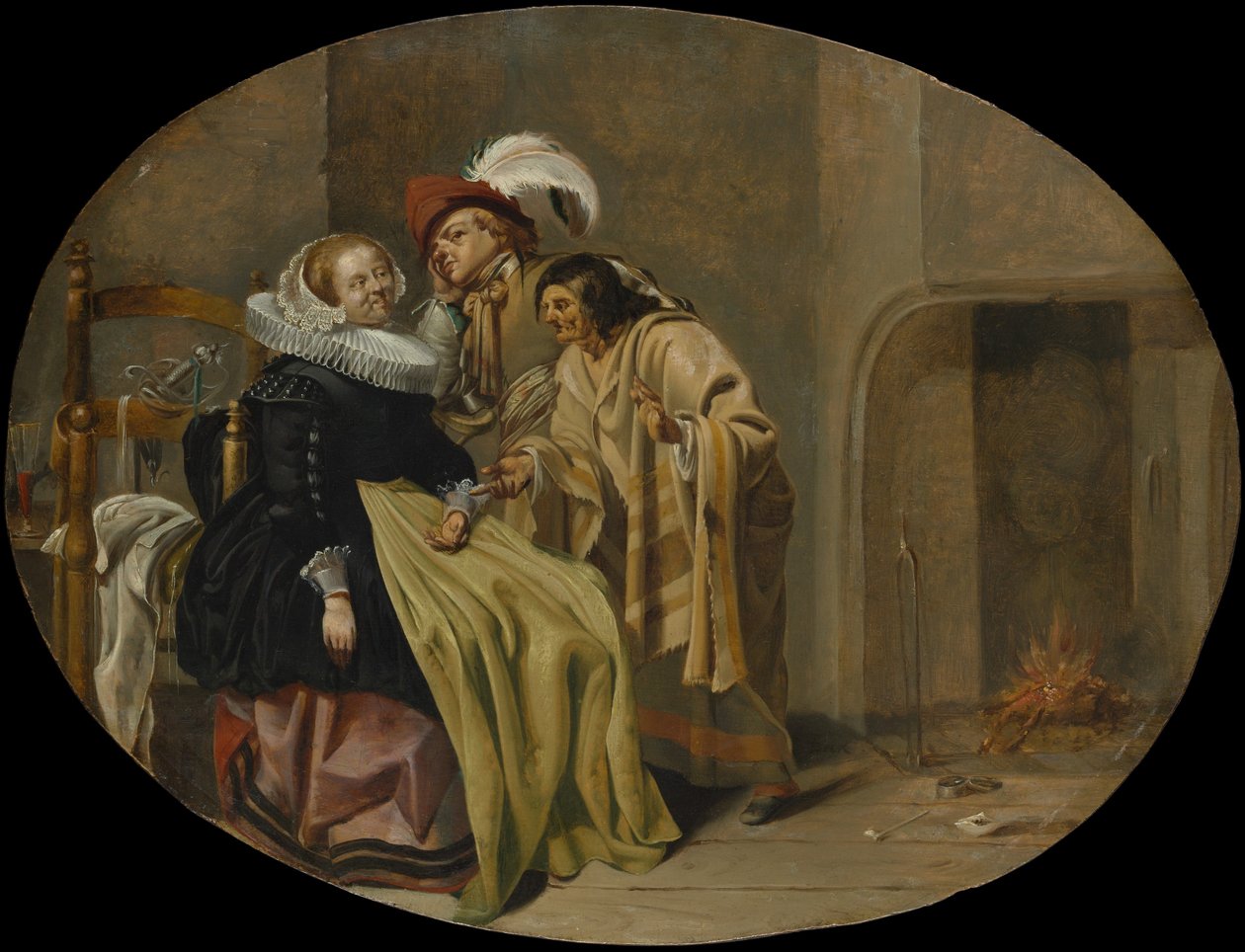 Et par i et interiør med en sigøyner-spåkone, ca. 1632-33. av Jacob Duck