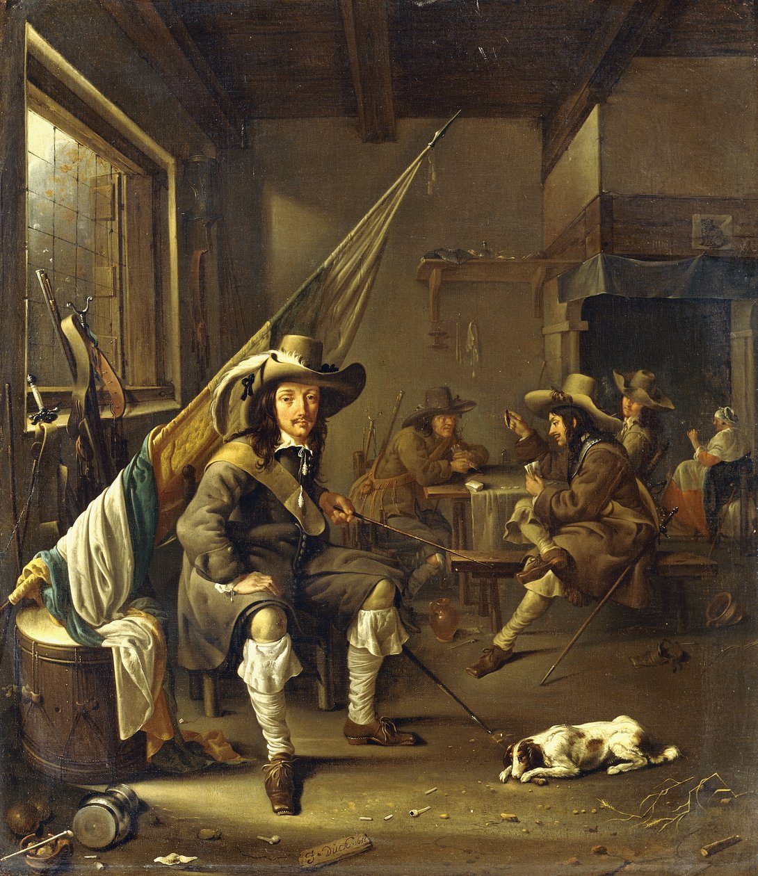 En sittende kavaler med soldater som spiller kort, 1655 av Jacob Duck