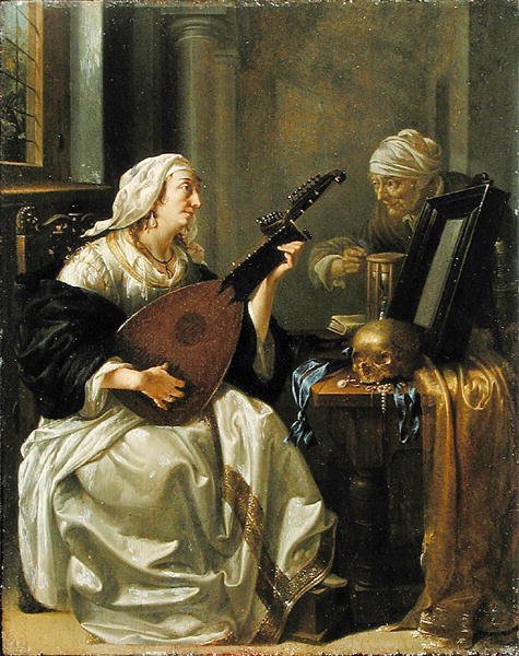 Kvinne med Theorbo, Vanitas, ca. 1660 (olje på panel) av Jacob Duck