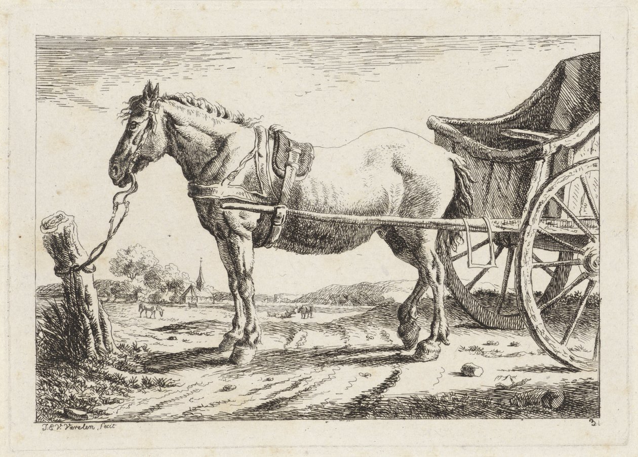 Stående hest, koblet foran en vogn Seks trykk etter tegninger av forskjellige mestere (serietittel) av Jacob Elias van Varelen
