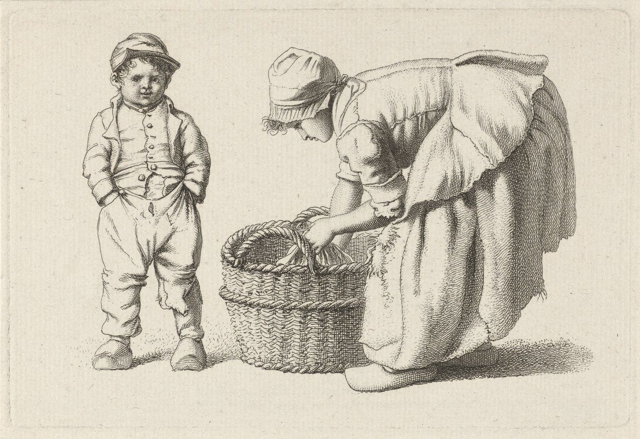 Bøyende jente med en kurv og et barn Studietrykk / Etudes gravées (serietittel) av Jacob Ernst Marcus