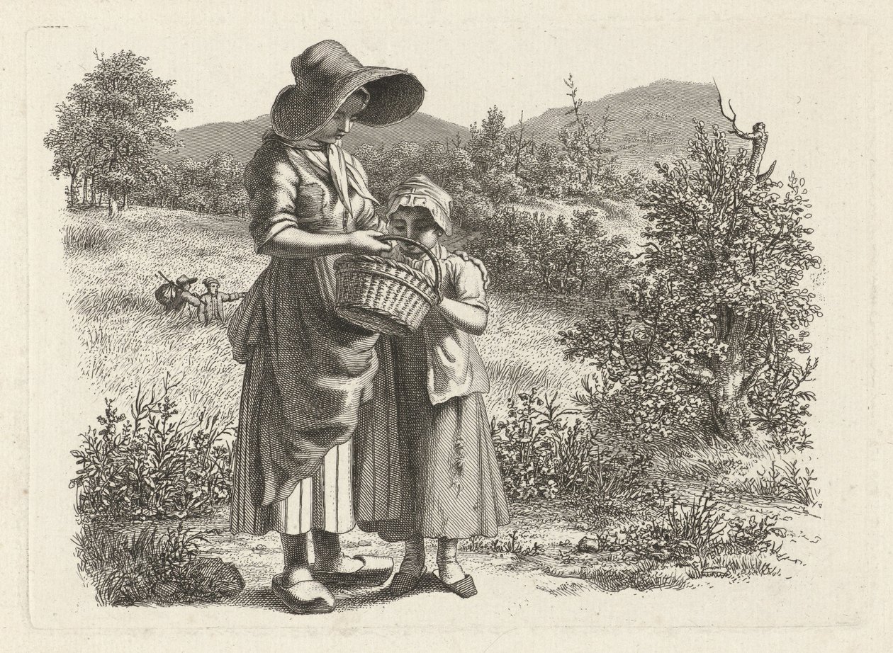 Ung kvinne og et barn ser i en kurv Studietrykk / Etudes gravées (serietittel) av Jacob Ernst Marcus