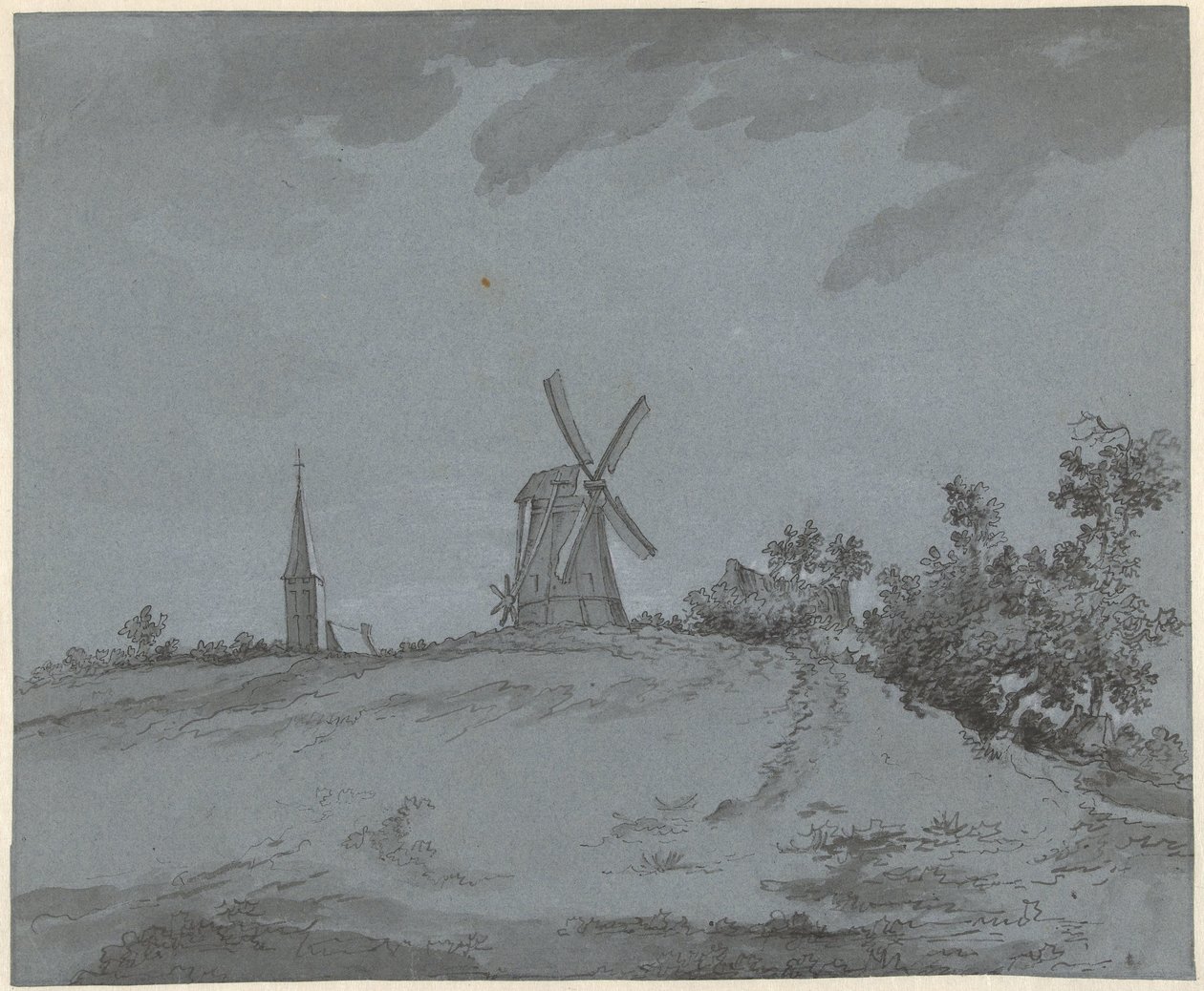 Landskap med vindmølle og kirke på en høyde av Jacob Ernst Marcus