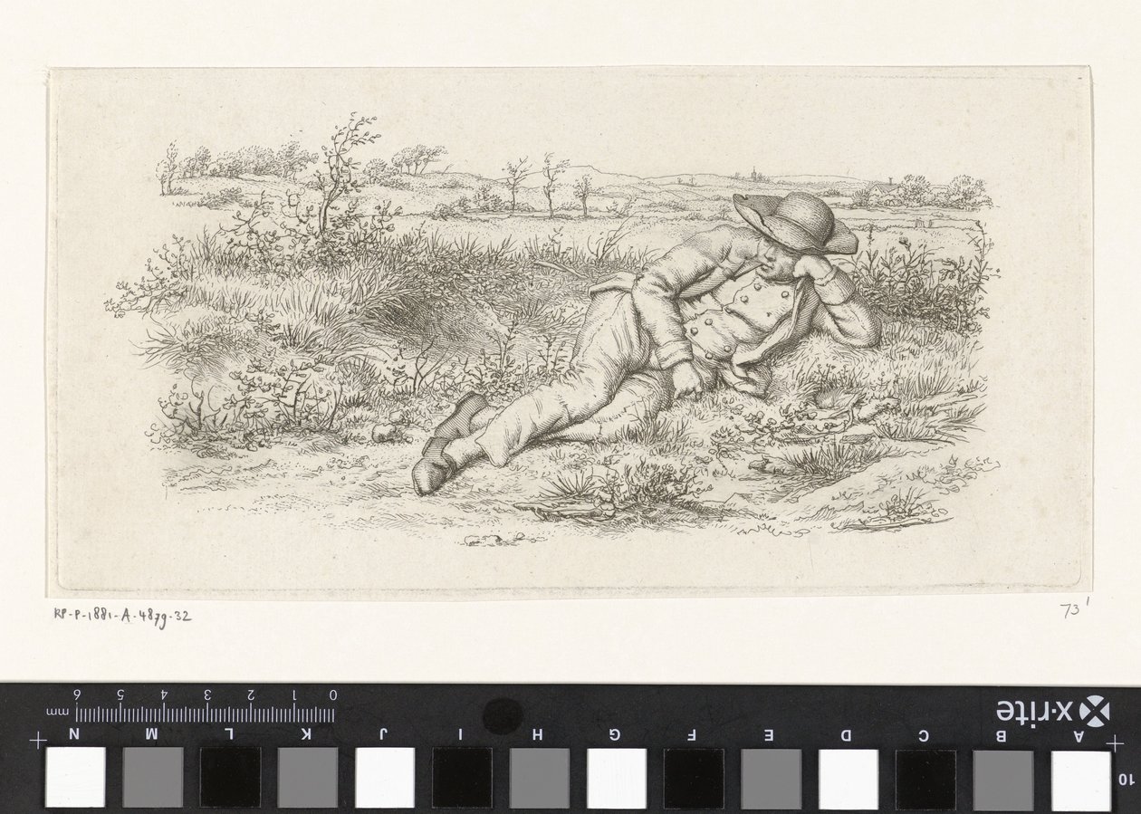 Tilbakelent mann i et landskap Studietrykk / Etudes gravées (serietittel) av Jacob Ernst Marcus