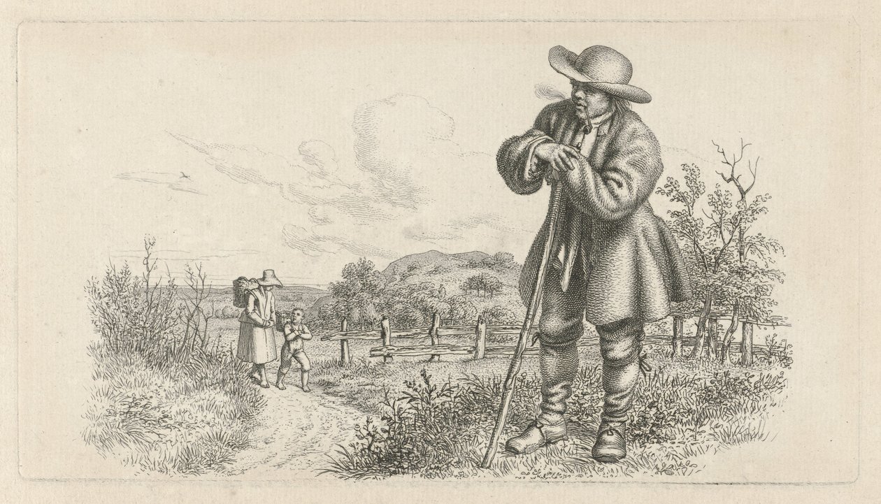 Mann lener seg på en pinne og en kvinne med et barn på en landevei Studietrykk / Etudes gravées (serietittel) av Jacob Ernst Marcus