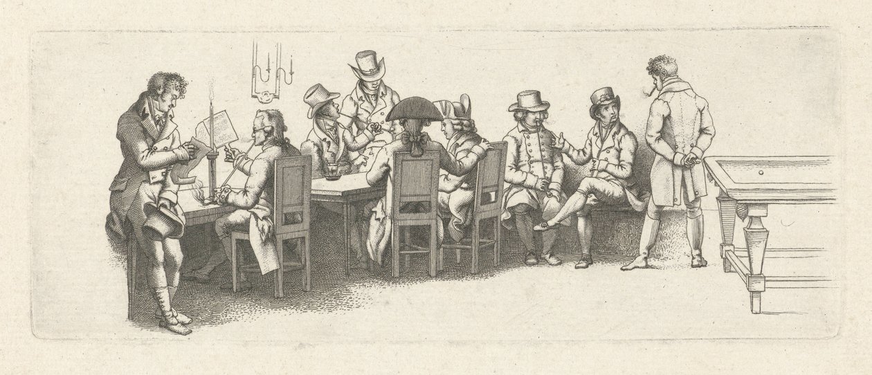 Menn i et kaffehus med biljardbord Studietrykk / Etudes gravées (serietittel) av Jacob Ernst Marcus