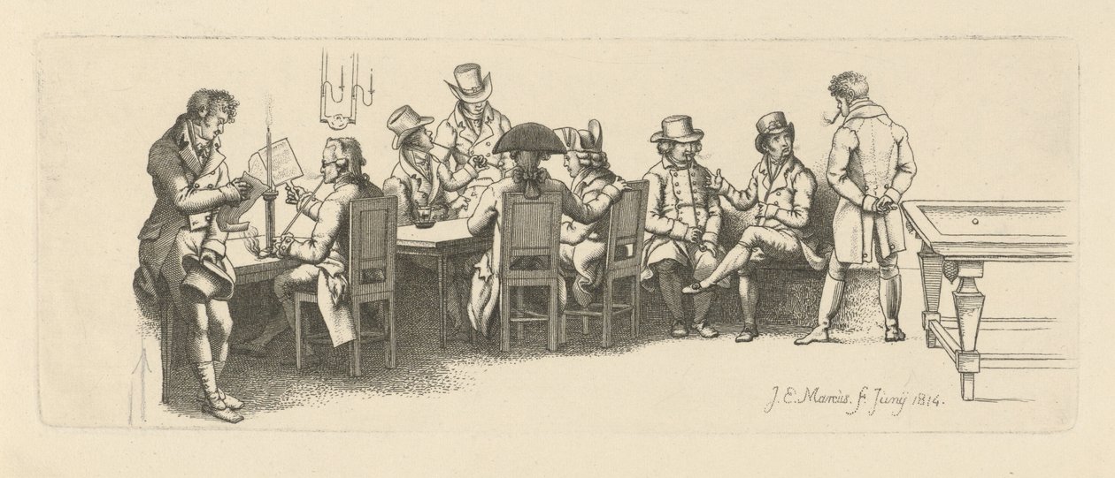 Menn i et kaffehus med et biljardrom, 1814 av Jacob Ernst Marcus