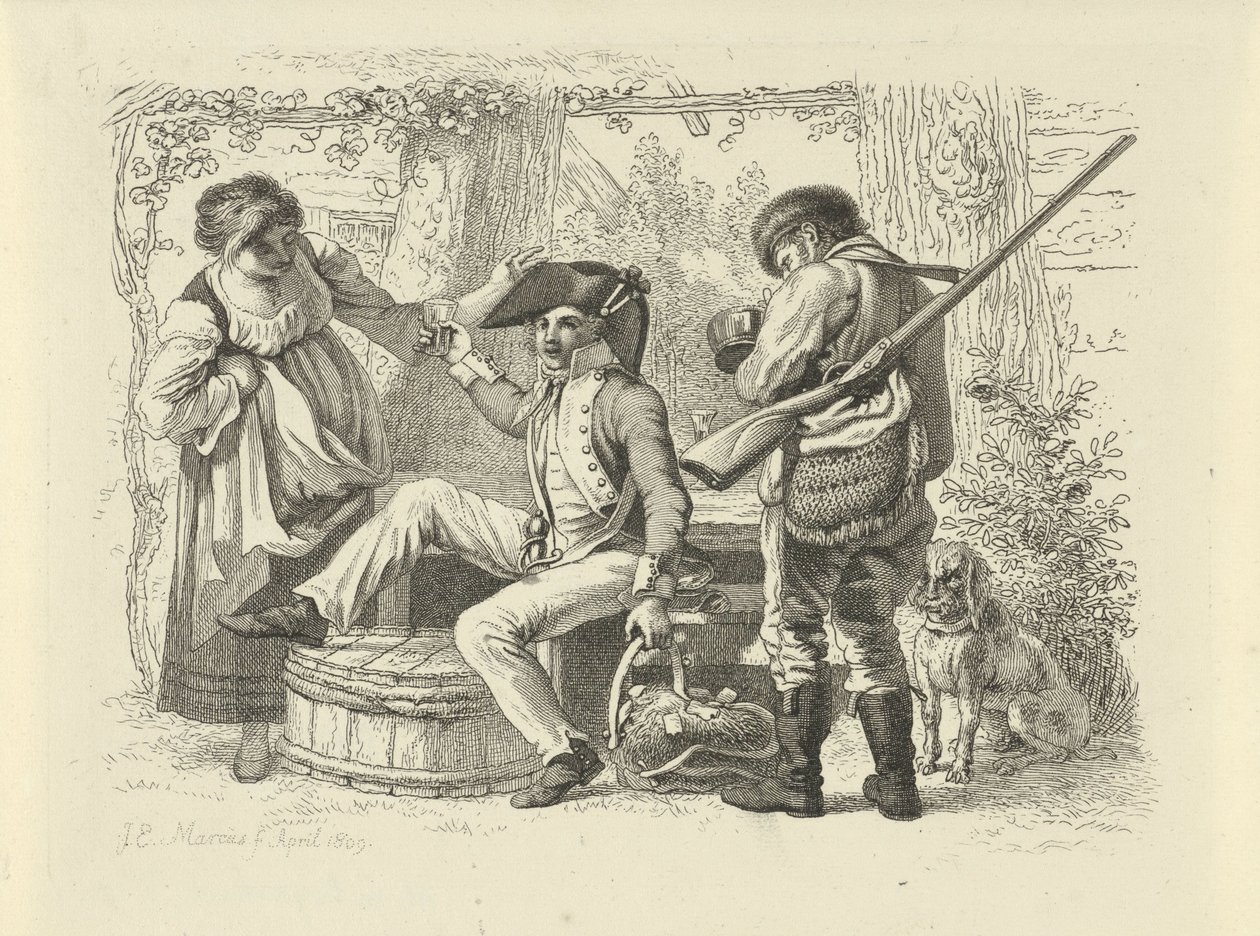 Soldat med hevet glass mellom en kvinne og en jeger Studietrykk / Etudes gravées (serietittel) av Jacob Ernst Marcus