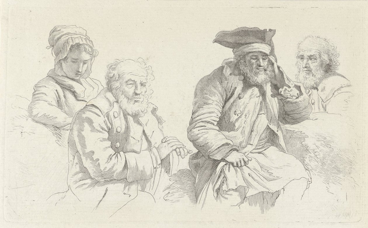 Studieark med tre gamle menn og en ung kvinne Studietrykk / Etudes gravées (serietittel) av Jacob Ernst Marcus