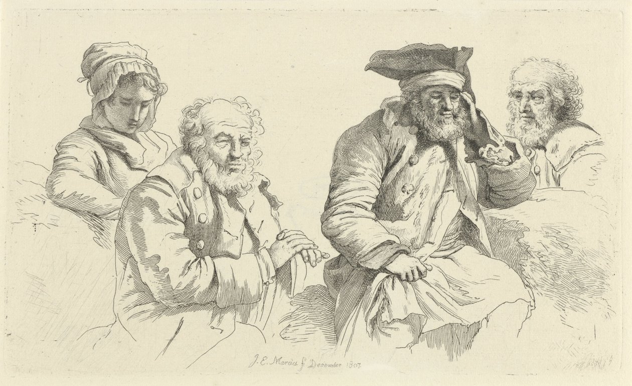 Studieark med tre gamle menn og en ung kvinne Studietrykk / Etudes gravées (serietittel) av Jacob Ernst Marcus