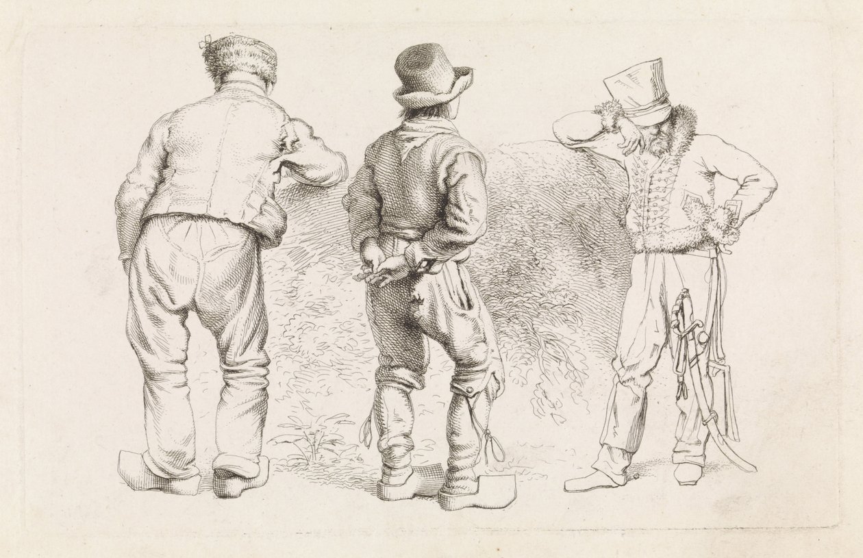 Studieark med tre stående figurer Etudes gravées (serietittel) av Jacob Ernst Marcus