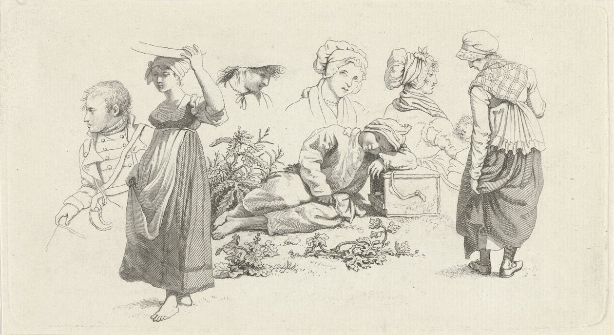 Studieark med en sovende gutt og figurer Studietrykk / Etudes gravées (serietittel) av Jacob Ernst Marcus