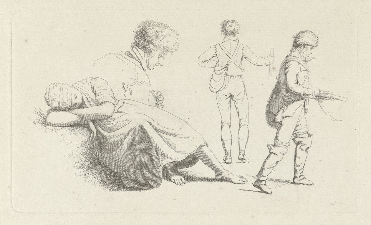 Studieark med en sovende kvinne og en jeger Studietrykk / Etudes gravées (serietittel) av Jacob Ernst Marcus