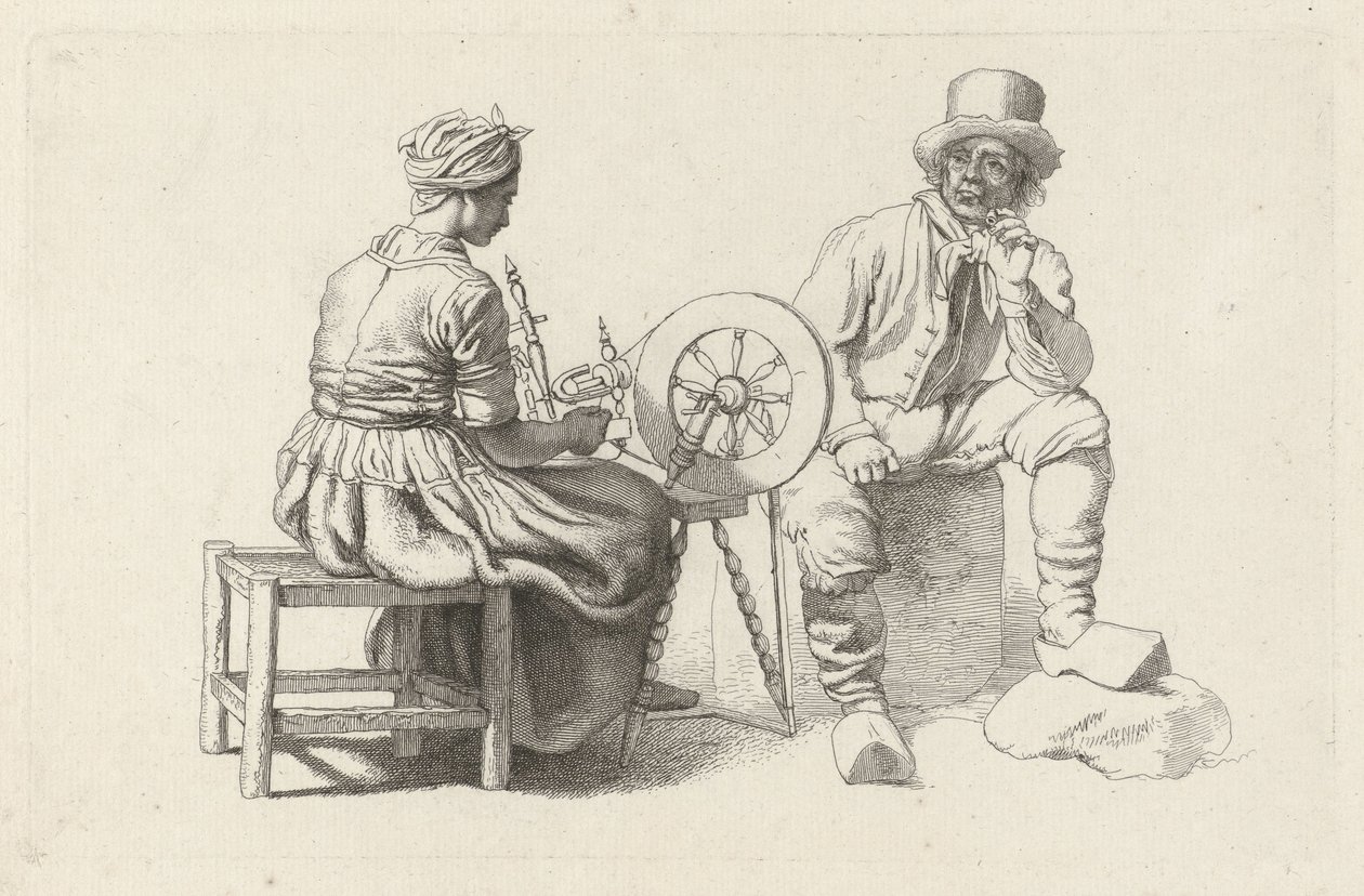 Studieark med en kvinne ved et snurrehjul og en sittende mann Studietrykk / Etudes gravées (serietittel) av Jacob Ernst Marcus
