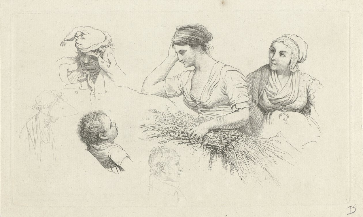 Studieark med en kvinne med en bunt med grener og figurer Studietrykk / Etudes gravées (serietittel) av Jacob Ernst Marcus