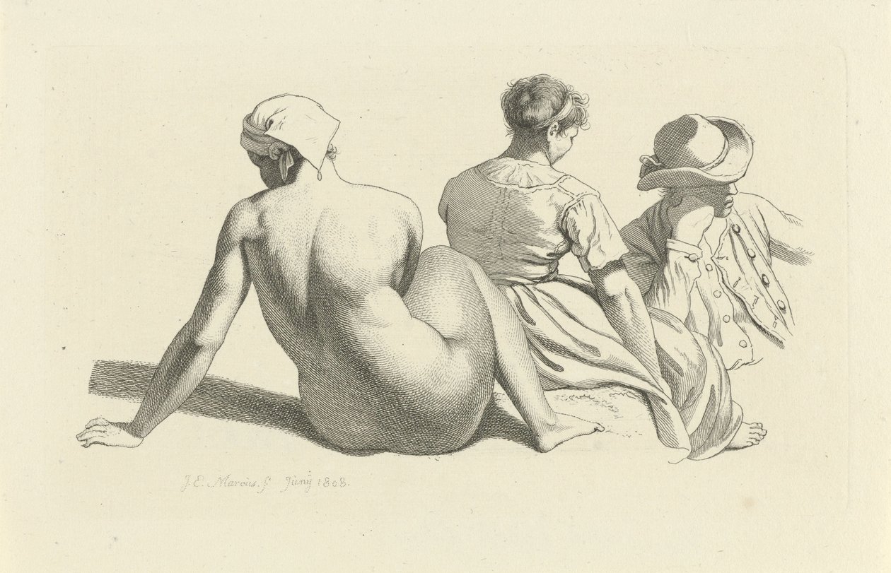Studieark med en sittende naken og to figurer Studietrykk / Etudes gravées (serietittel) av Jacob Ernst Marcus