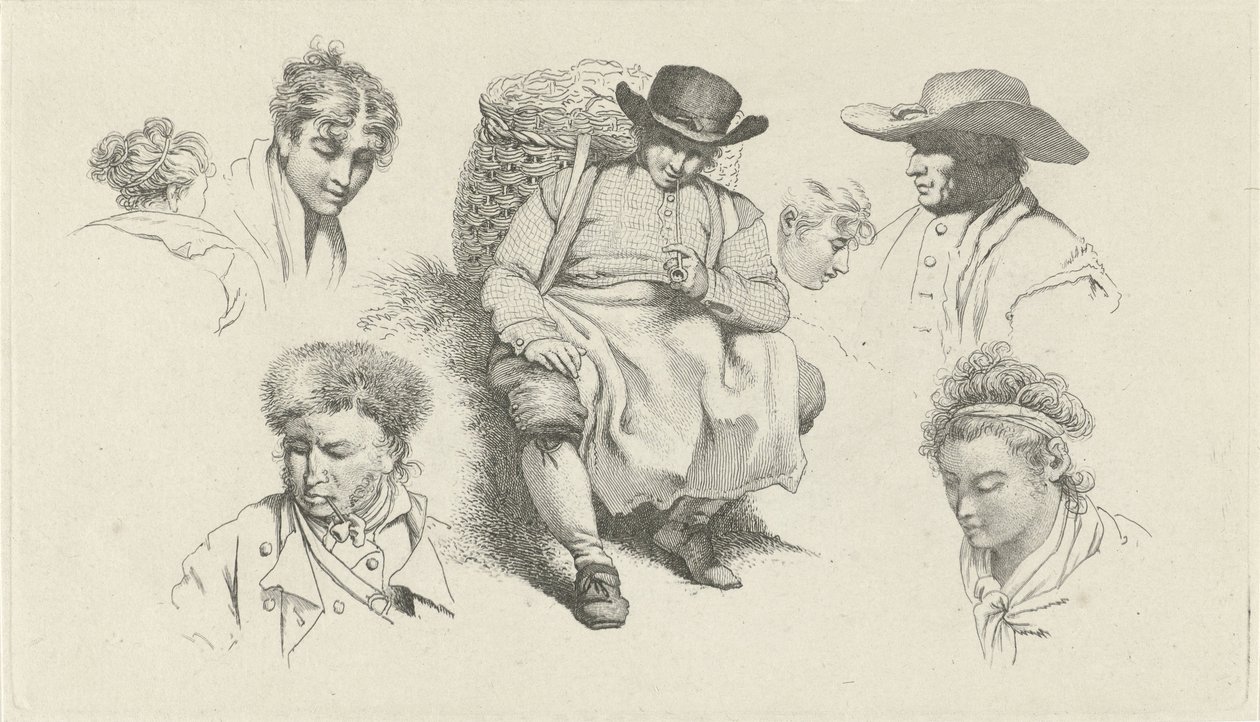 Studieark med figurer og en hvilende fiskehandler med pipe Studietrykk / Etudes gravées (serietittel) av Jacob Ernst Marcus