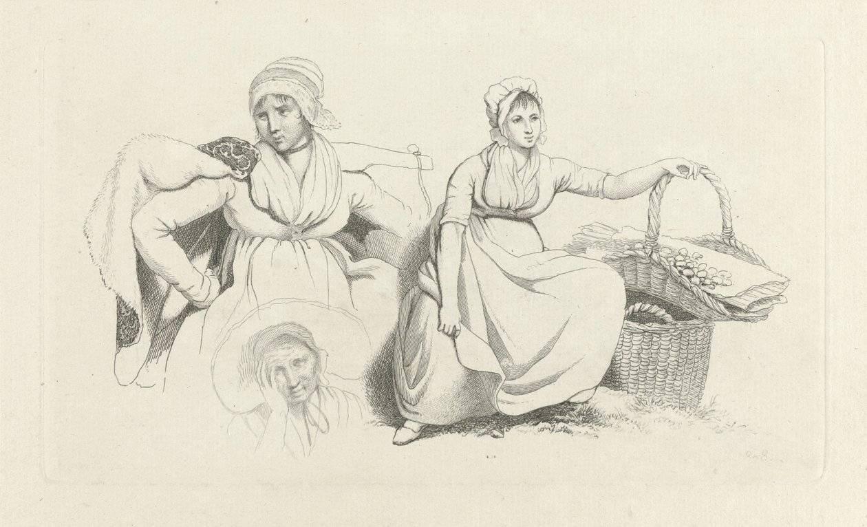 Studieark med to kvinner og en kopp Studietrykk / Etudes gravées (serietittel) av Jacob Ernst Marcus