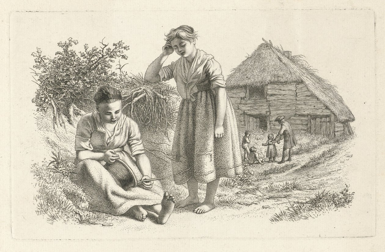 To kvinner og en mann med barn foran en låve Studietrykk / Etudes gravées (serietittel) av Jacob Ernst Marcus
