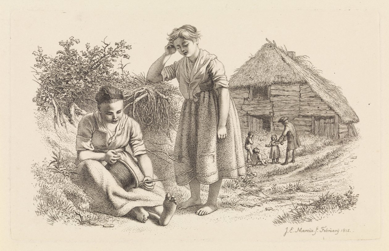To kvinner og en mann med barn foran en låve Studietrykk / Etudes gravées (serietittel) av Jacob Ernst Marcus