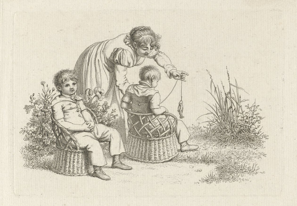 Kvinne med to barn i stoler Studietrykk / Etudes gravées (serietittel) av Jacob Ernst Marcus