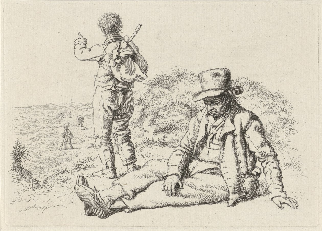 Sitter og en stående mann på en strand Studietrykk / Etudes gravées (serietittel) av Jacob Ernst Marcus