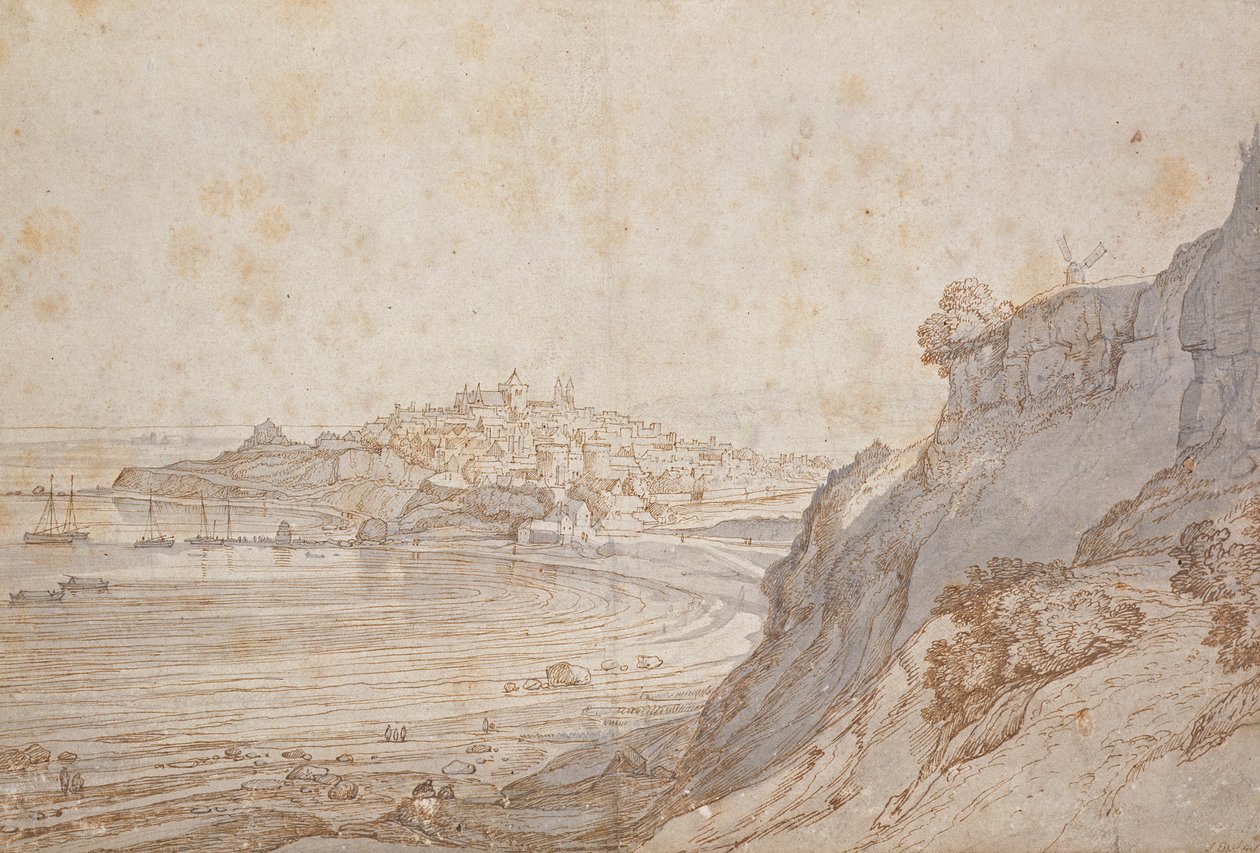 En utsikt over Rye fra Point Hill (brunt blekk og grå vask) av Jacob Esselens