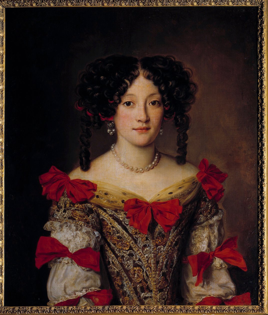Flamsk mote fra 1600-tallet: "" Portrait of a woman"" En ung jente kledd i en brokadekjole og dekket med engelske krøller. Hun har på seg øredobber og et perlekjede. Maleri av Jacob Ferdinand Voet (1639-1700) 1600-tallet søn. 0,76x0,64  av Jacob Ferdinand Voet
