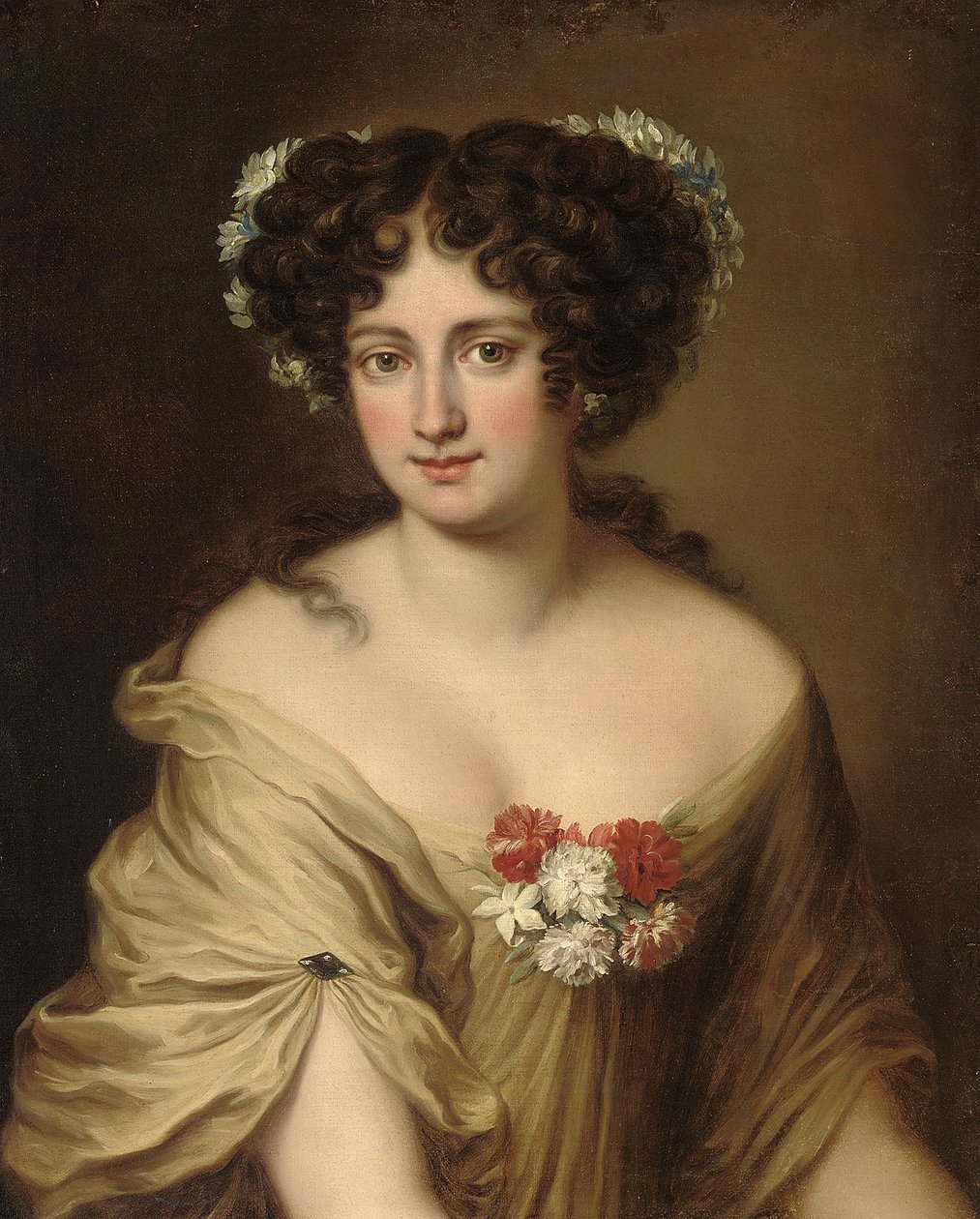 Portrett av Contessa Ortensia Ianni Stella, bystelengde, i en elfenbensfarge, med blomster i håret av Jacob Ferdinand Voet