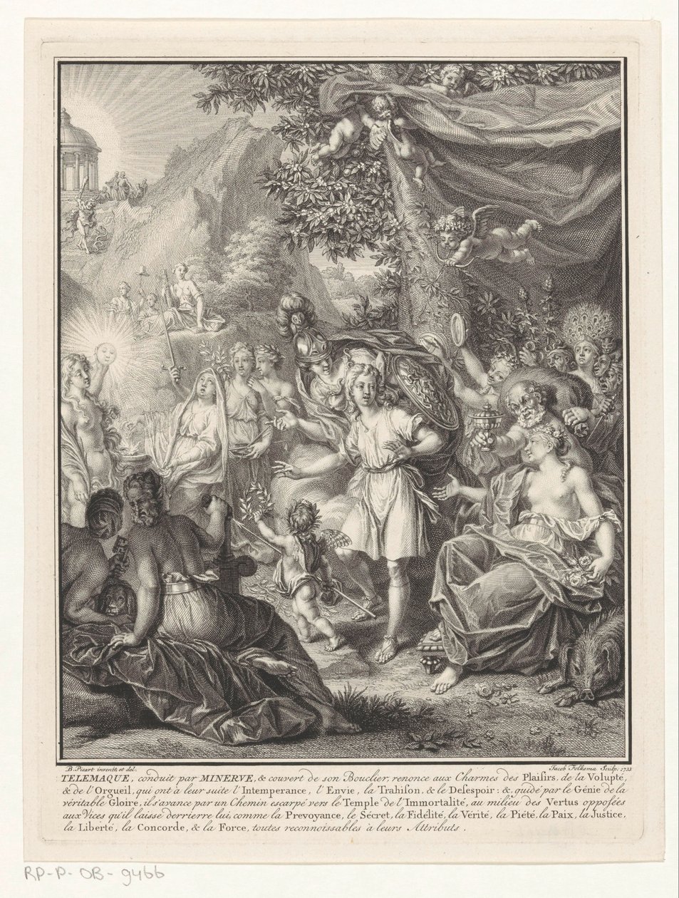 Allegorisk representasjon med Telemachus og Minerva Tittelside for: François de Fénelon, Les avantures de Telemaque, 1734 av Jacob Folkema