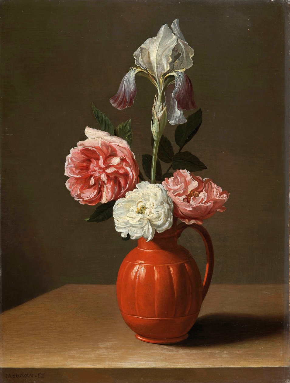 ""Bouquet Of Irises And Three Roses In A Faience Pot"" (An Iris And Three Roses In An Earthenware Pot) Maleri av Jacob Foppens van Es (ca. 1596-1666), - Olje på tre, Dim 30x29 cm Fondation Custodia av Jacob  Foppens van Es