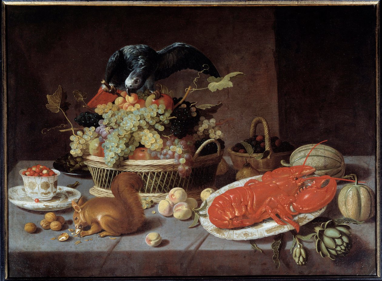 Stilleben med ekornet. Maleri av Jacob Fopsen Van Es (v.1596-1666) Ec. Flam. av Jacob  Foppens van Es